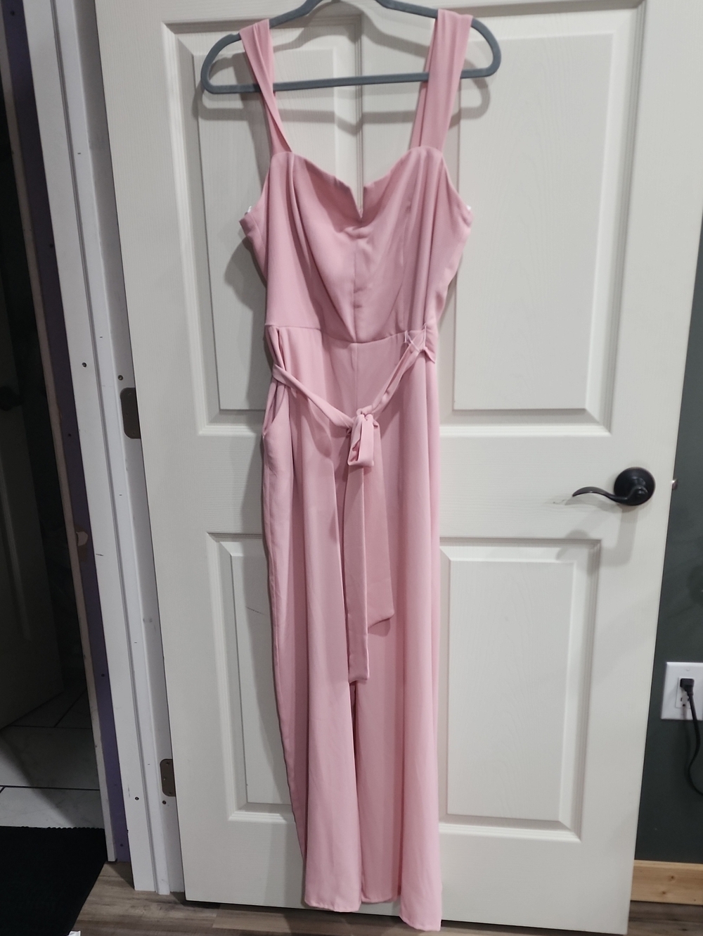 Premier Blush Pink Maxi Jumpsuit with Waist Tie And Zip Back.